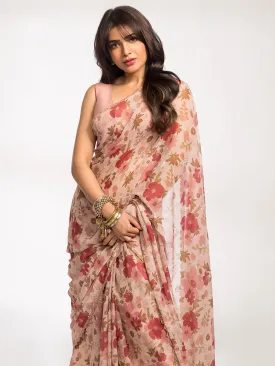 Moonstruck Memoir Chiffon Floral Printed Beige Saree