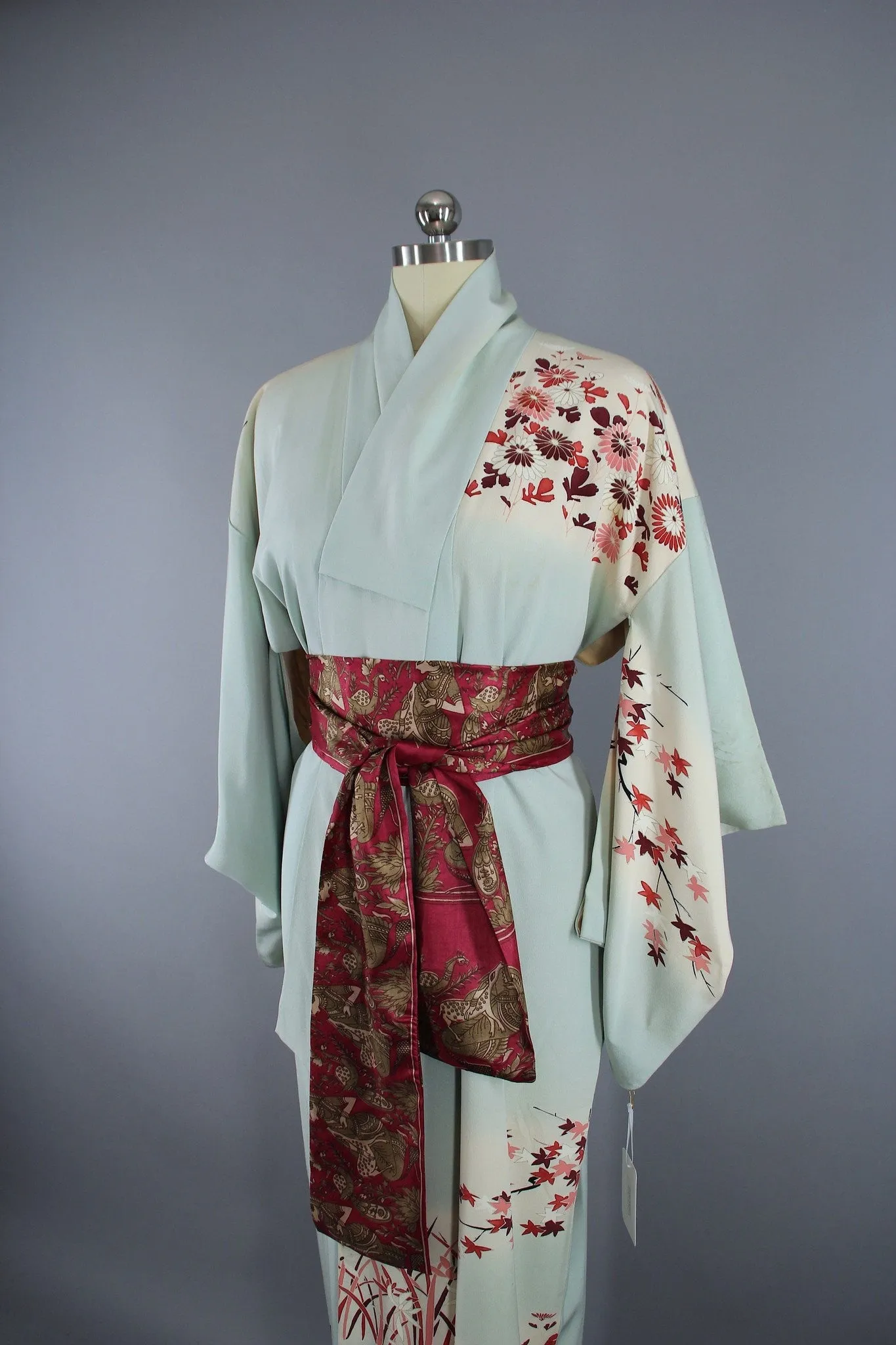 1950s Vintage Silk Kimono Robe / Light Blue & Red Floral Print