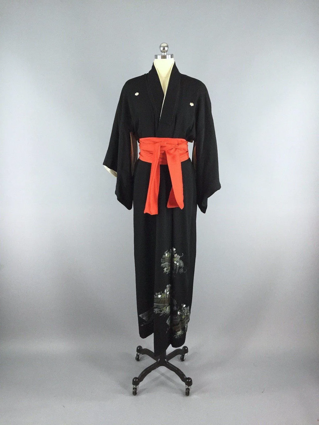 1960s Vintage Silk Kimono Robe Tomesode / Black Floral