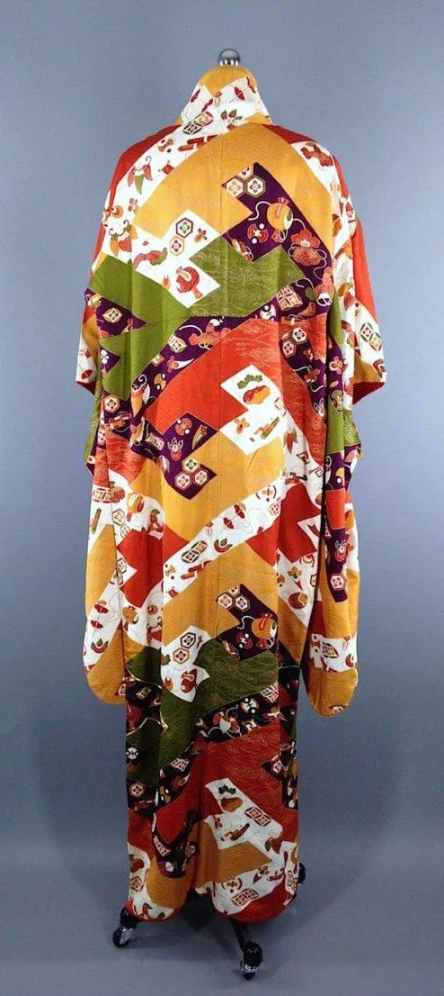 1970s Vintage Silk Kimono Robe Dressing Gown Furisode