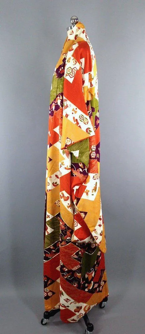 1970s Vintage Silk Kimono Robe Dressing Gown Furisode