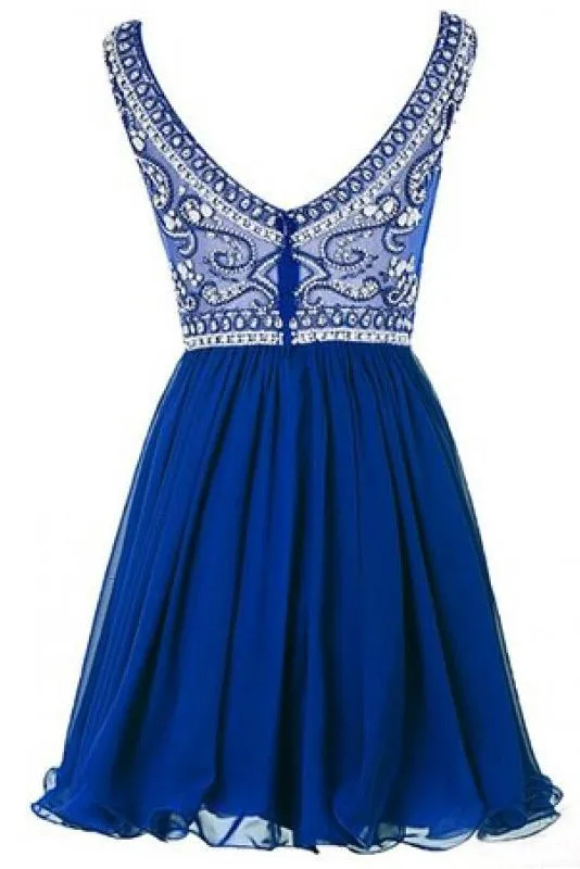 A line Blue Chiffon Scoop Homecoming Dresses with Beads Straps Prom Dresses JS802