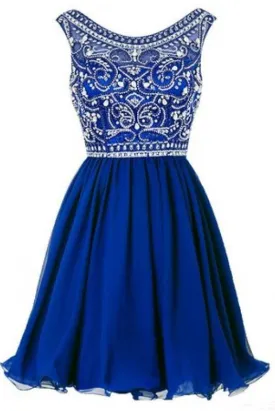 A line Blue Chiffon Scoop Homecoming Dresses with Beads Straps Prom Dresses JS802