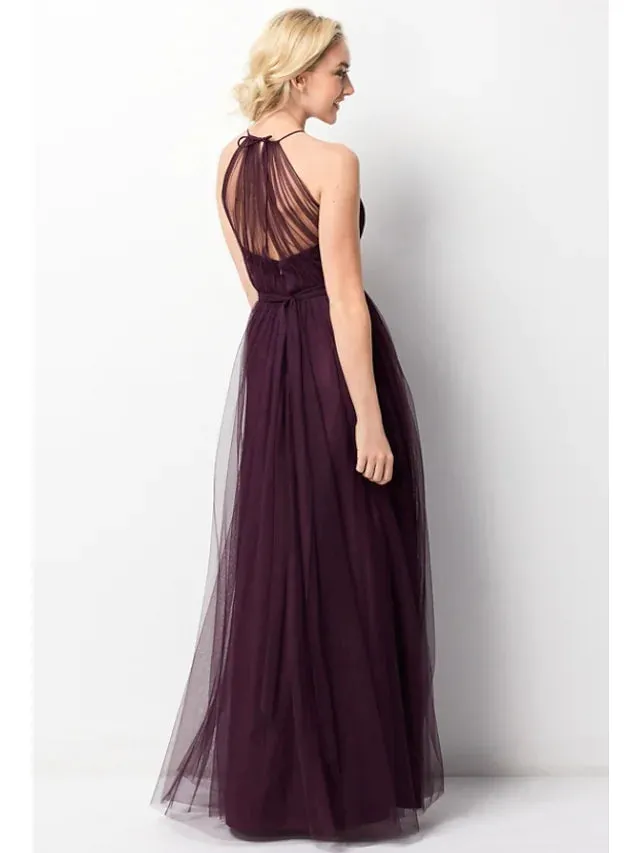 A-Line Bridesmaid Dress Halter Neck Sleeveless Elegant Floor Length Chiffon  Tulle with