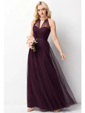 A-Line Bridesmaid Dress Halter Neck Sleeveless Elegant Floor Length Chiffon  Tulle with