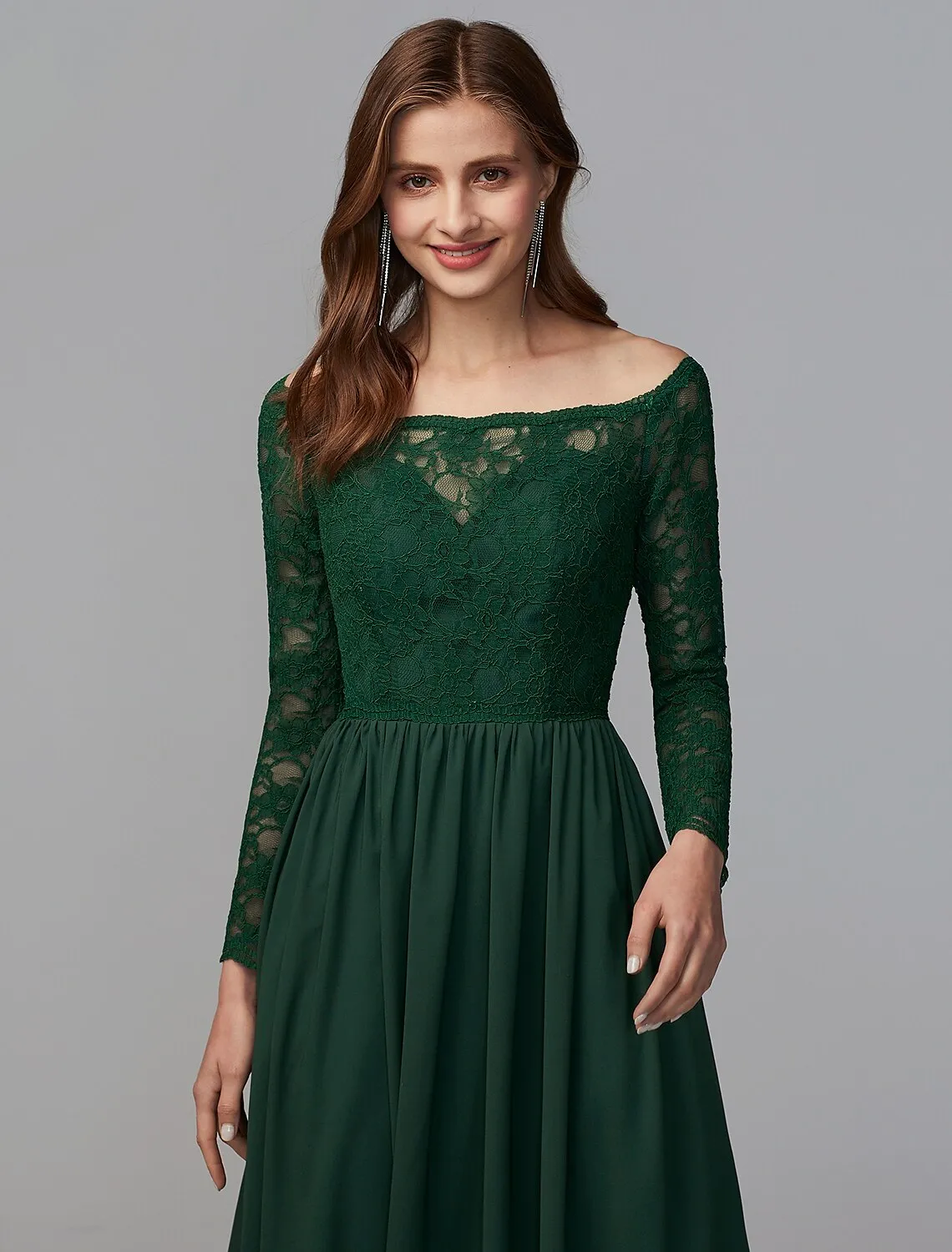 A-Line Bridesmaid Dress Off Shoulder Long Sleeve Elegant Floor Length Chiffon / Lace with Lace