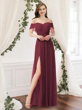 A-Line Bridesmaid Dress Off Shoulder Sleeveless Elegant Floor Length Chiffon with Pleats  Split Front