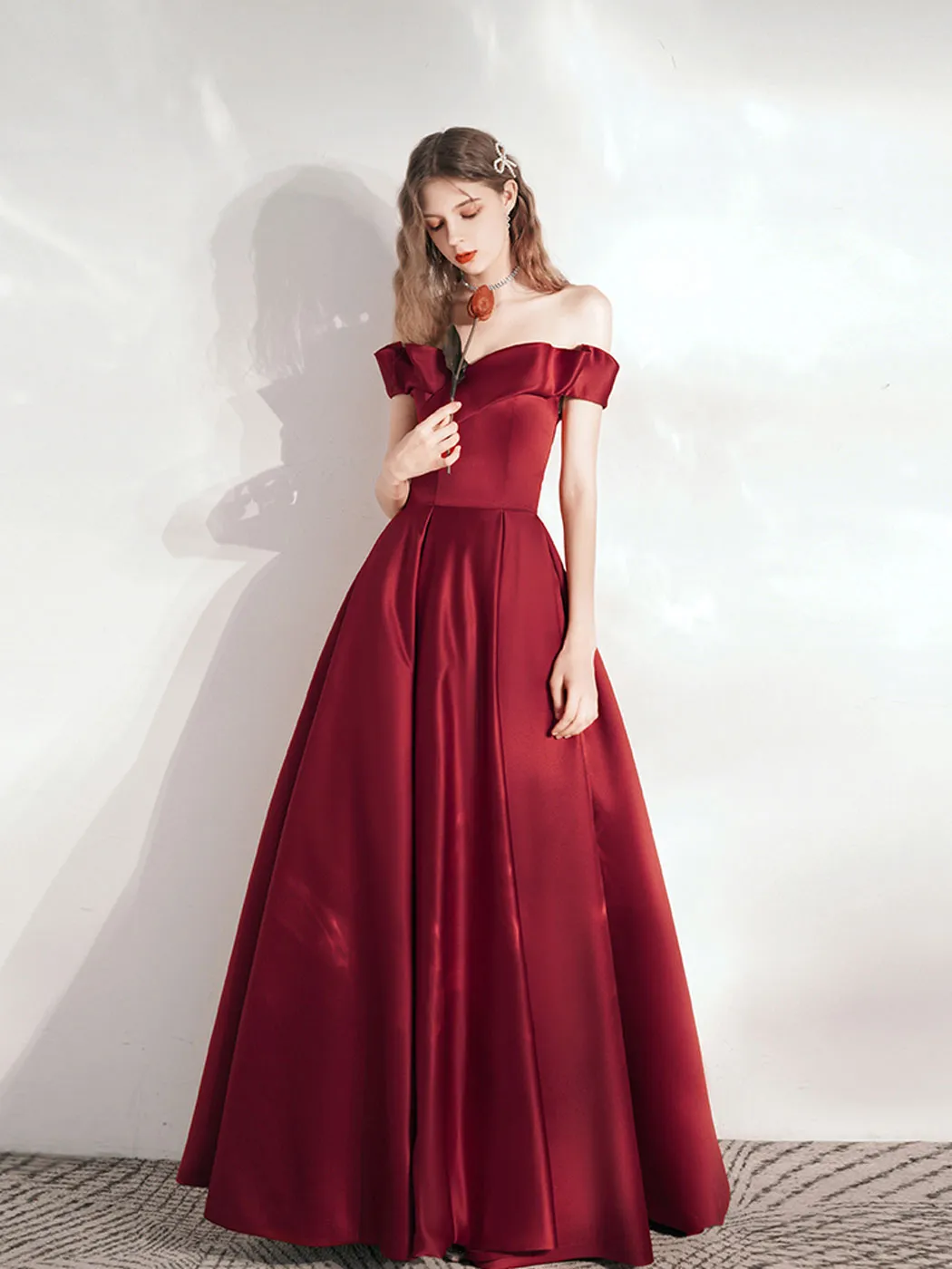 A Line Burgundy Long Prom Dresses, Satin Long Formal Graduation Dresses