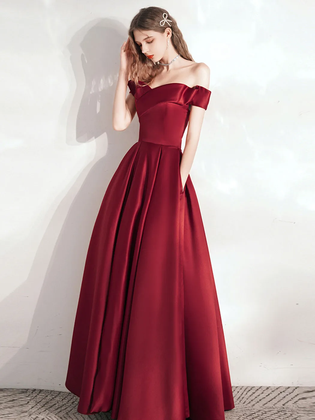 A Line Burgundy Long Prom Dresses, Satin Long Formal Graduation Dresses