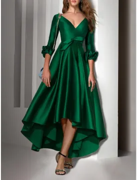 A-Line Cocktail Dresses Elegant Dress Wedding Guest Birthday Asymmetrical 3/4 Length Sleeve V Neck Satin with Bow(s) Pleats