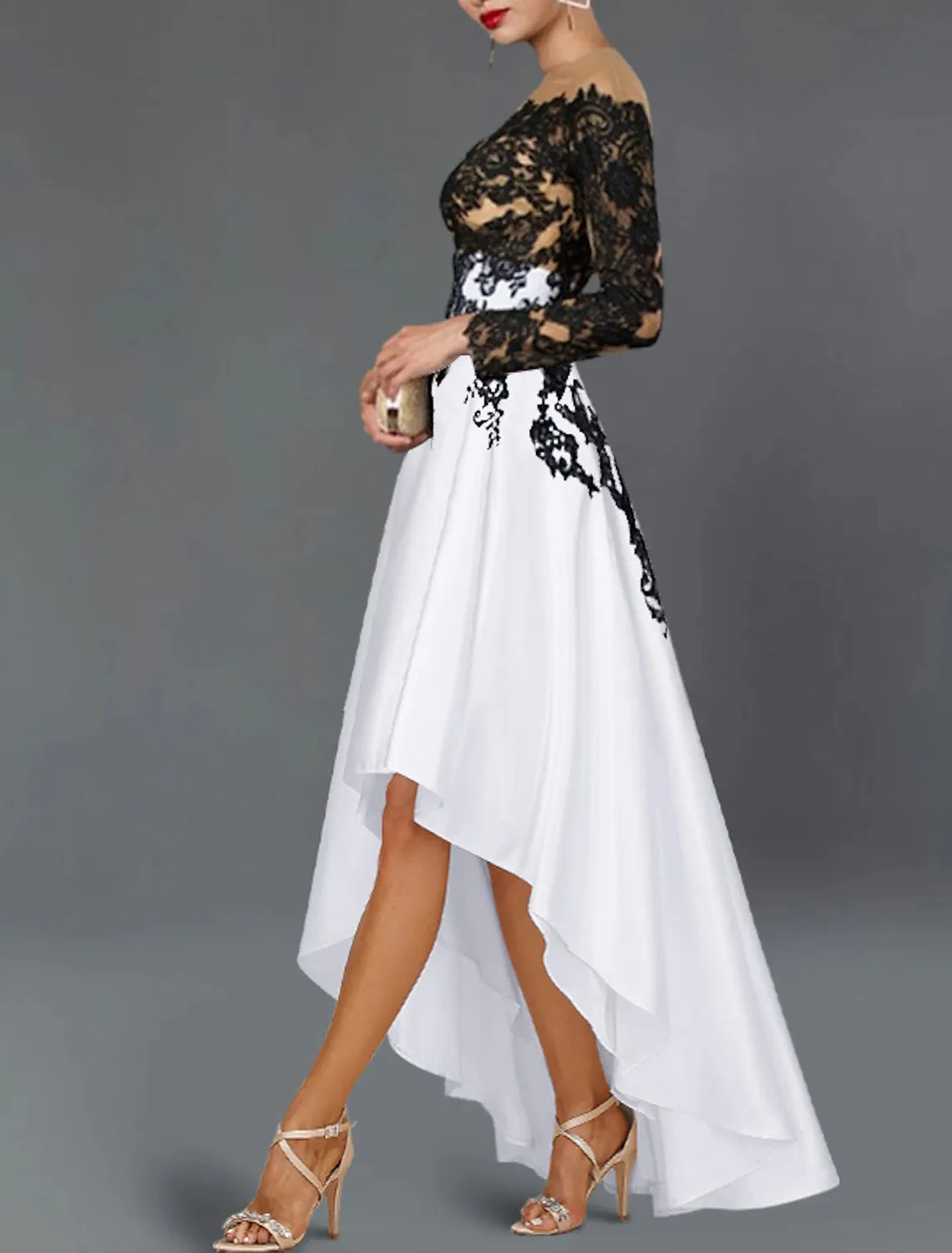 A-Line Cocktail Dresses Elegant Dress Wedding Party Semi Formal Asymmetrical 3/4 Length Sleeve Off Shoulder Fall Wedding Guest Satin with Beading Embroidery Appliques