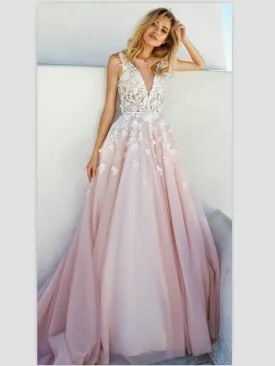 A-line Deep-V Sweep Train Chiffon Appliqued Prom Dresses ASD26813