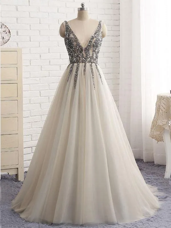 A-line Deep-V Sweep Train Chiffon Sequin Ivory Prom Dresses ASD26797