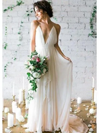 A-line Deep-V Sweep Train Chiffon Simple Wedding Dresses ASD26738