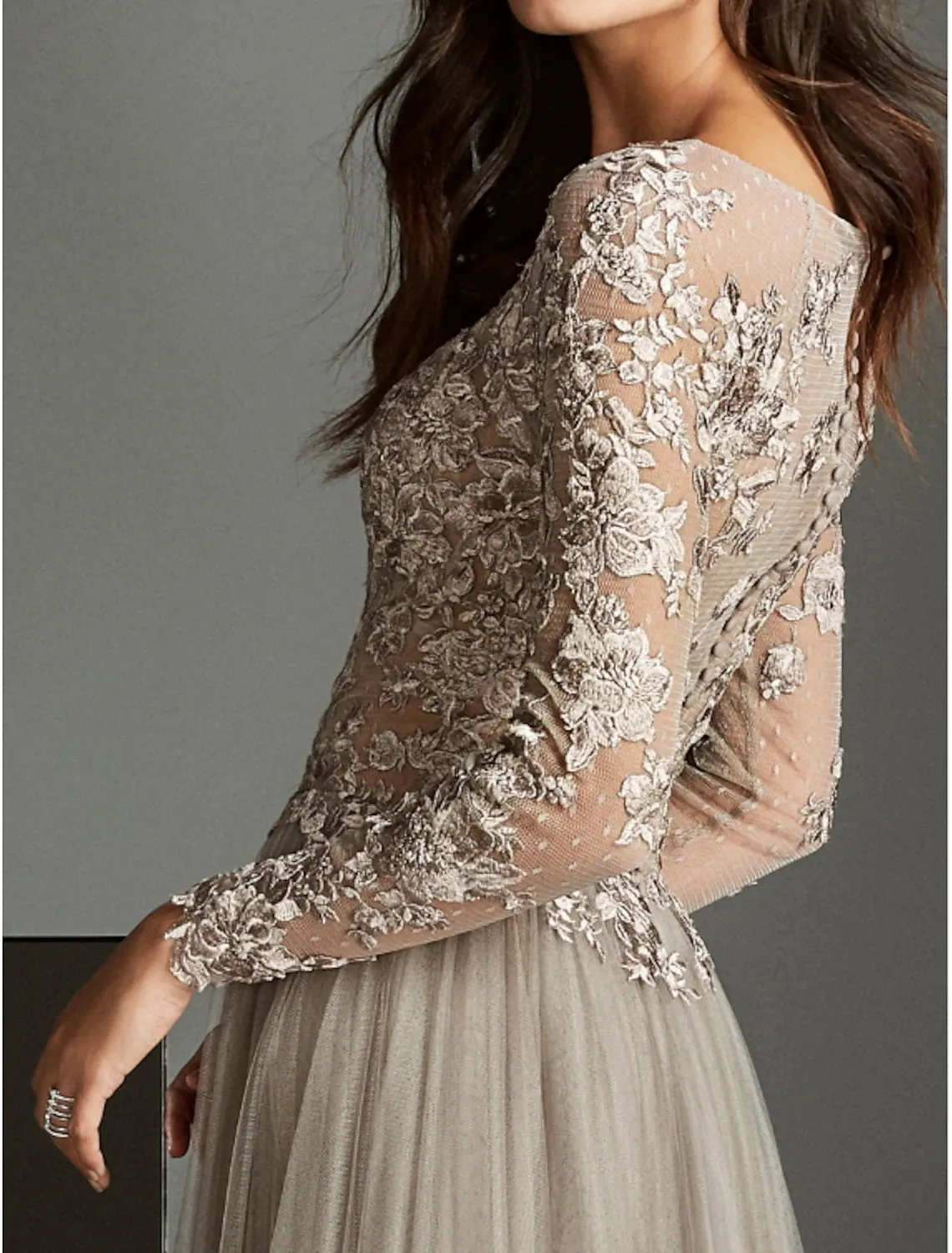 A-Line Elegant Wedding Guest Formal Evening Dress Illusion Neck Long Sleeve Sweep / Brush Train Lace with Pleats Appliques