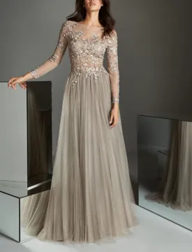 A-Line Elegant Wedding Guest Formal Evening Dress Illusion Neck Long Sleeve Sweep / Brush Train Lace with Pleats Appliques