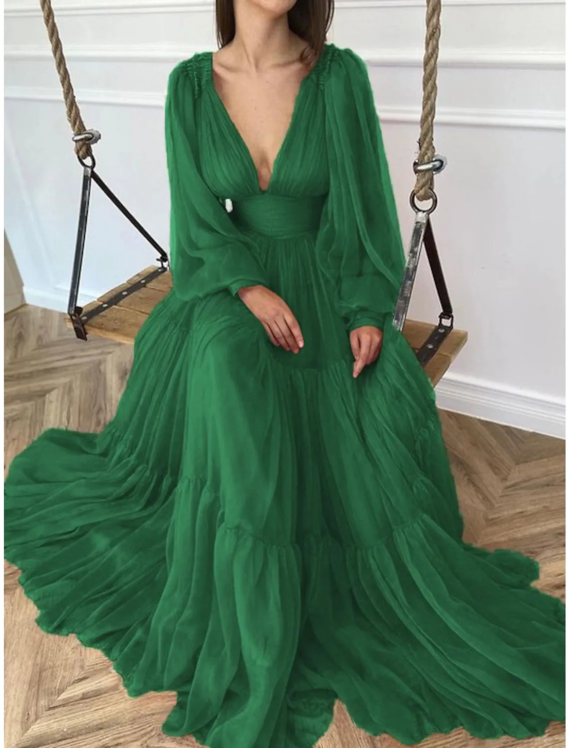 A-Line Evening Gown Elegant Dress Christmas Red Green Dress Formal Wedding Guest Floor Length Long Sleeve V Neck Chiffon with Ruched