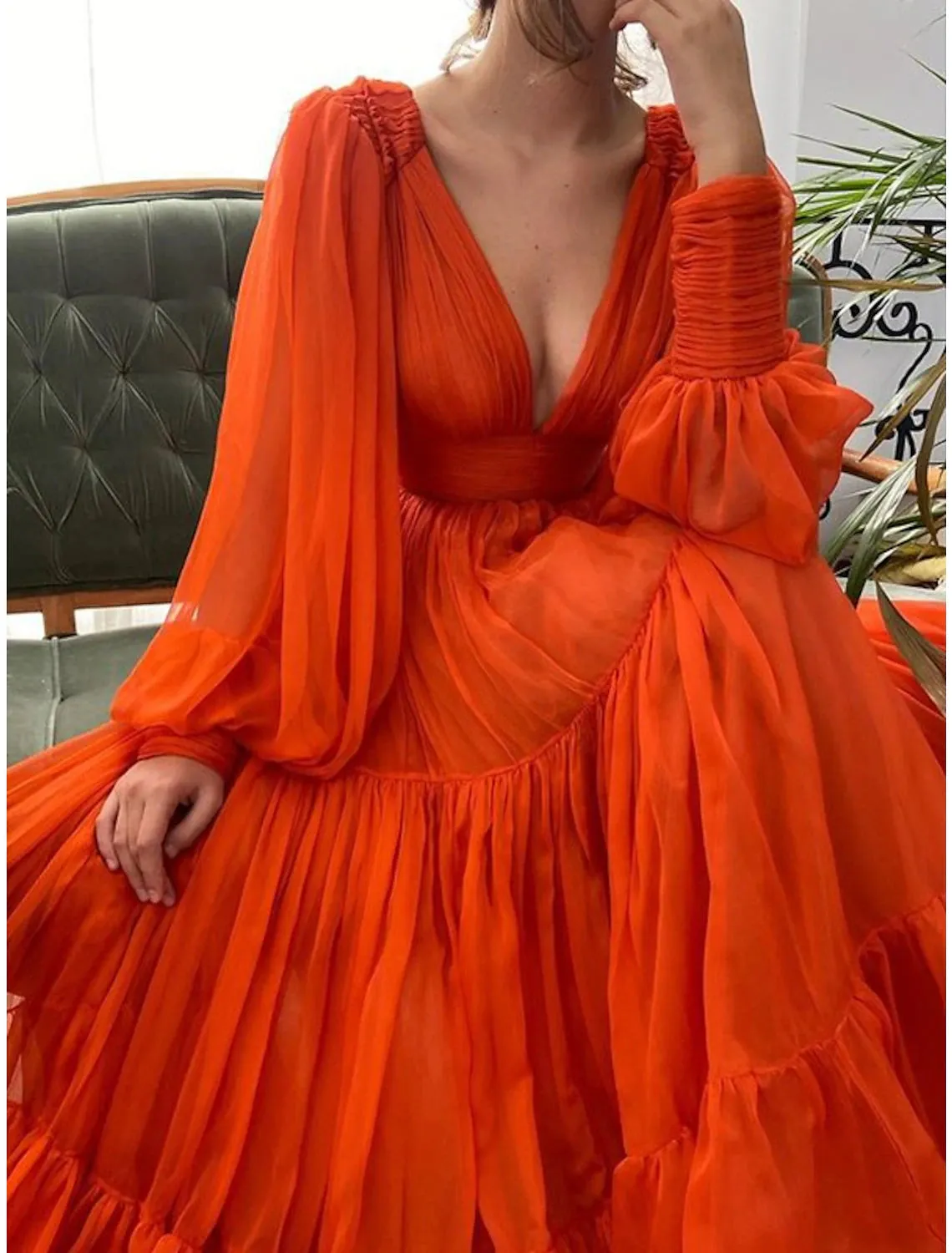 A-Line Evening Gown Elegant Dress Christmas Red Green Dress Formal Wedding Guest Floor Length Long Sleeve V Neck Chiffon with Ruched