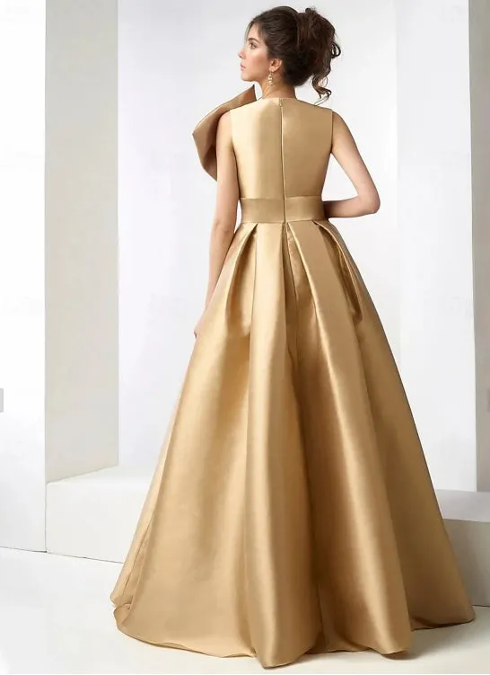 A-Line Evening Gown Elegant Dress Formal Floor Length Sleeveless V Neck Pocket Satin with Rhinestone Beading