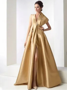 A-Line Evening Gown Elegant Dress Formal Floor Length Sleeveless V Neck Pocket Satin with Rhinestone Beading