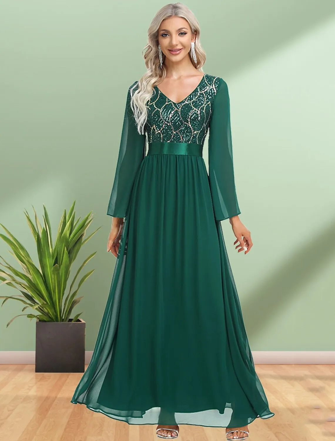 A-Line Evening Gown Elegant Dress Party Wear Floor Length Long Sleeve V Neck Chiffon with Sequin