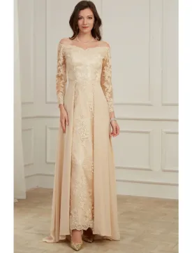 A-Line Evening Gown Elegant Dress Wedding Guest Formal Evening Floor Length Long Sleeve Off Shoulder Polyester with Overskirt Appliques