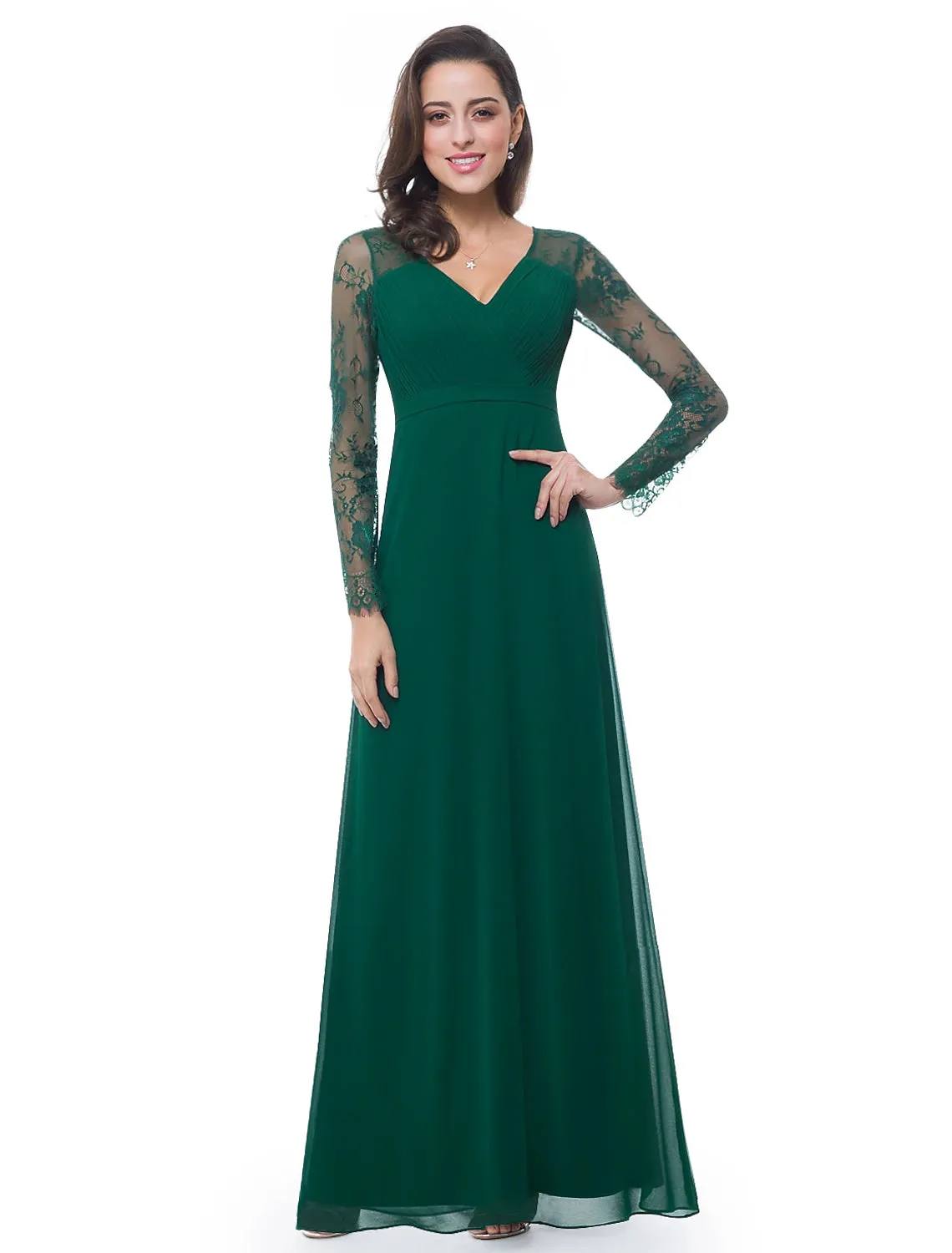 A-Line Evening Gown Elegant Dress Wedding Guest Formal Evening Floor Length Long Sleeve V Neck Chiffon with Sash / Ribbon Ruched Lace Insert