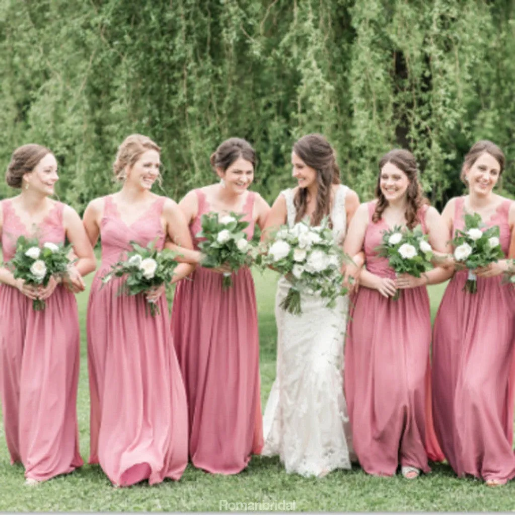 A-Line Floor-length V-Neck Lace Top Bridesmaid Dresses With Pleats, BD0106