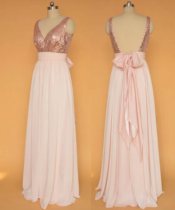 A Line Gliiter Rose Gold Sequins White Chiffon Long Bridesmaid Dresses Prom Dress