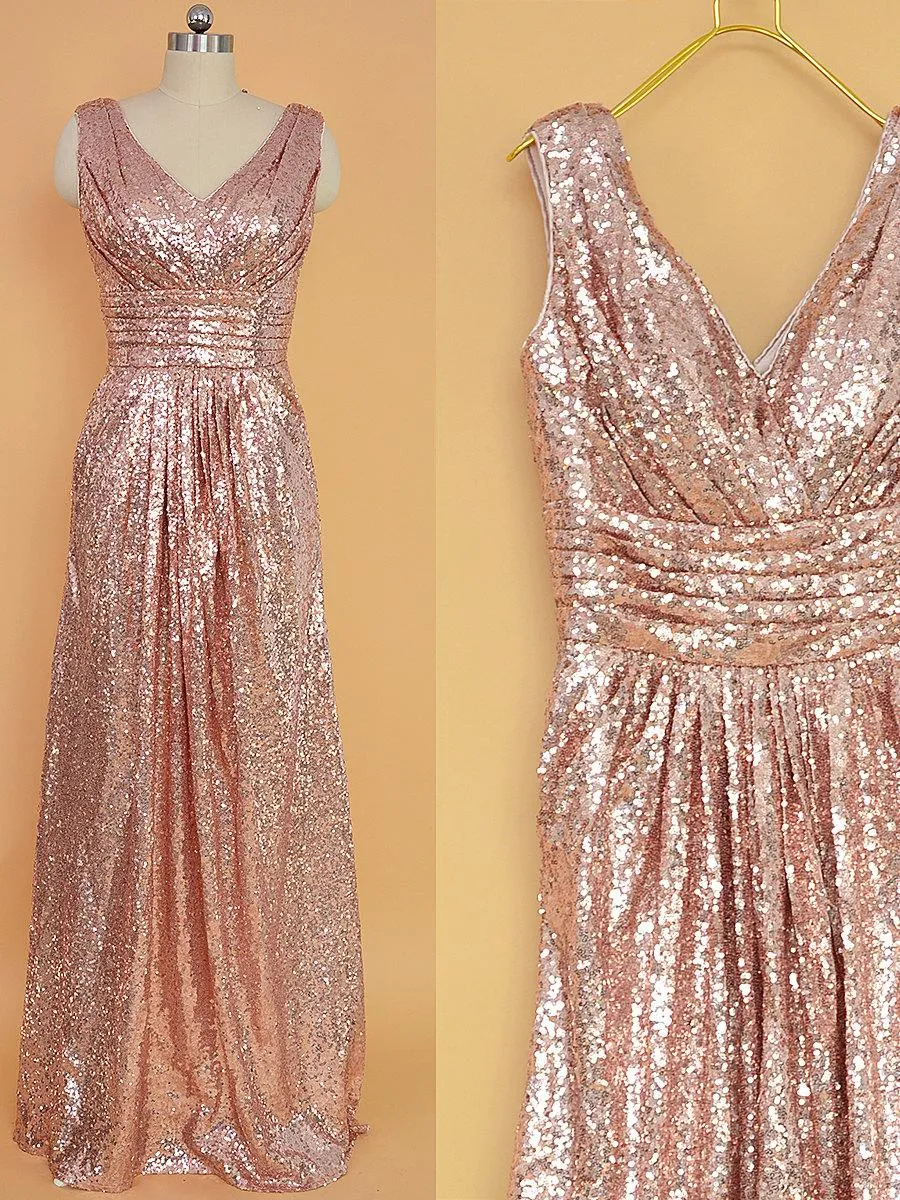 A Line Gliiter Rose Gold Sequins White Chiffon Long Bridesmaid Dresses Prom Dress