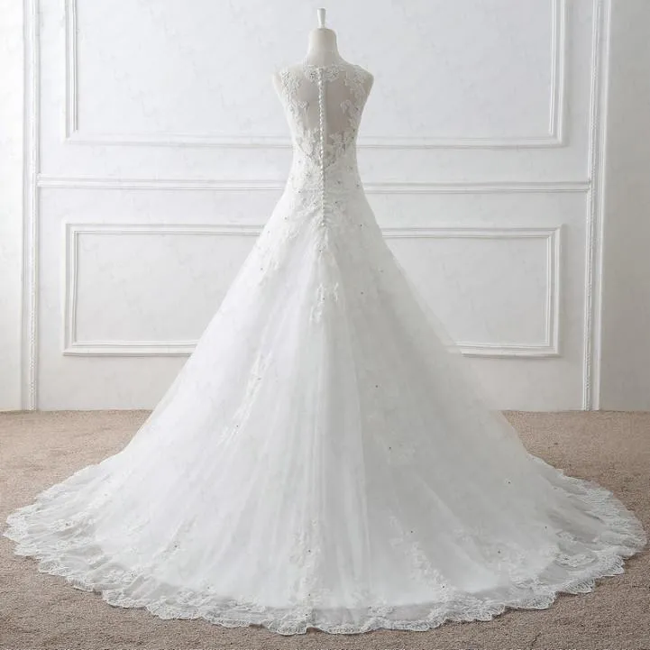 A-line Illusion Chapel Train Tulle Lace Ivory Wedding Dresses With Beadings ASD26969