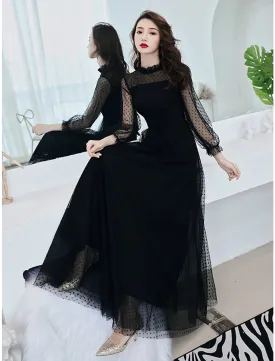 A-Line Little Black Dress Elegant Party Wear Prom Dress High Neck Long Sleeve Floor Length Lace with Ruffles