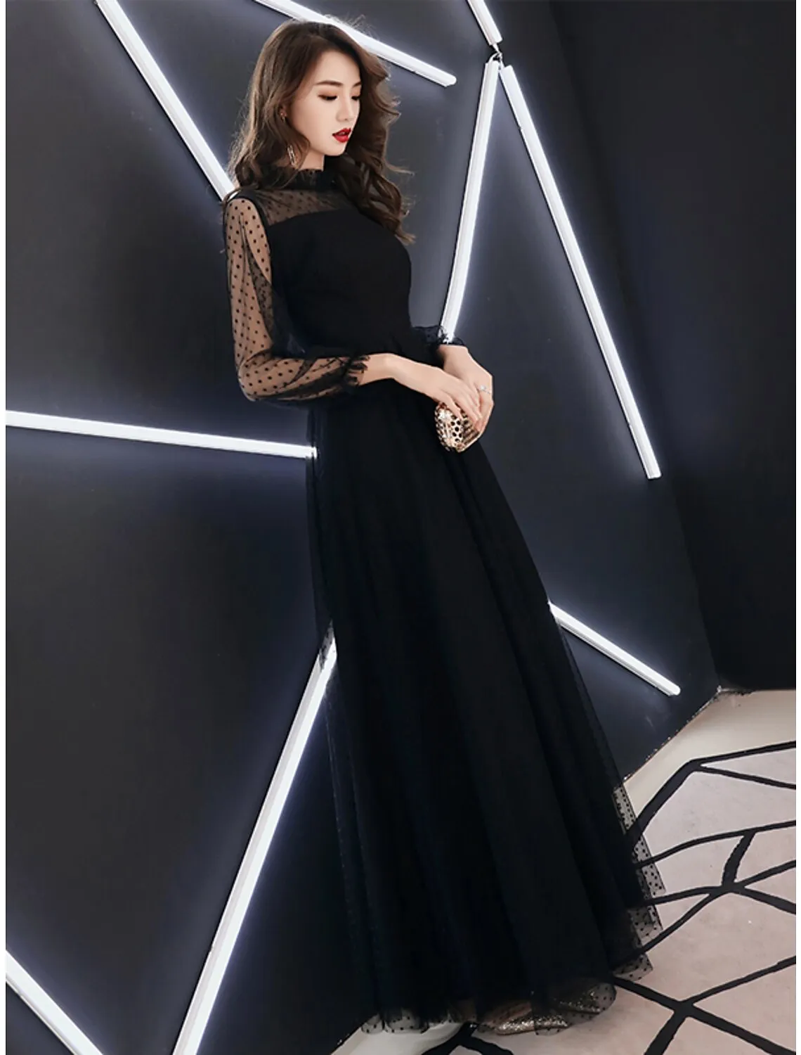 A-Line Little Black Dress Elegant Party Wear Prom Dress High Neck Long Sleeve Floor Length Lace with Ruffles