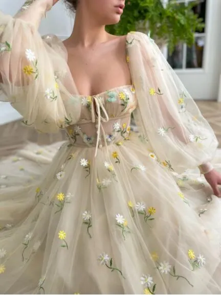 A Line Long Sleeves Floor Length Sweetheart Tulle Prom Dresses,Evening Dresses,BD2975