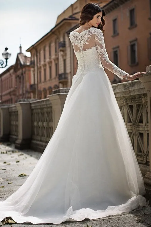 A-Line Maxi Appliqued Long-Sleeve Scoop-Neck Tulle&Lace Wedding Dress-MK_705413