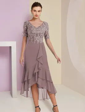 A-Line Mother of the Bride Dress Formal Wedding Guest Elegant High Low V Neck Asymmetrical Tea Length Chiffon Lace Short Sleeve Wrap Included with Appliques