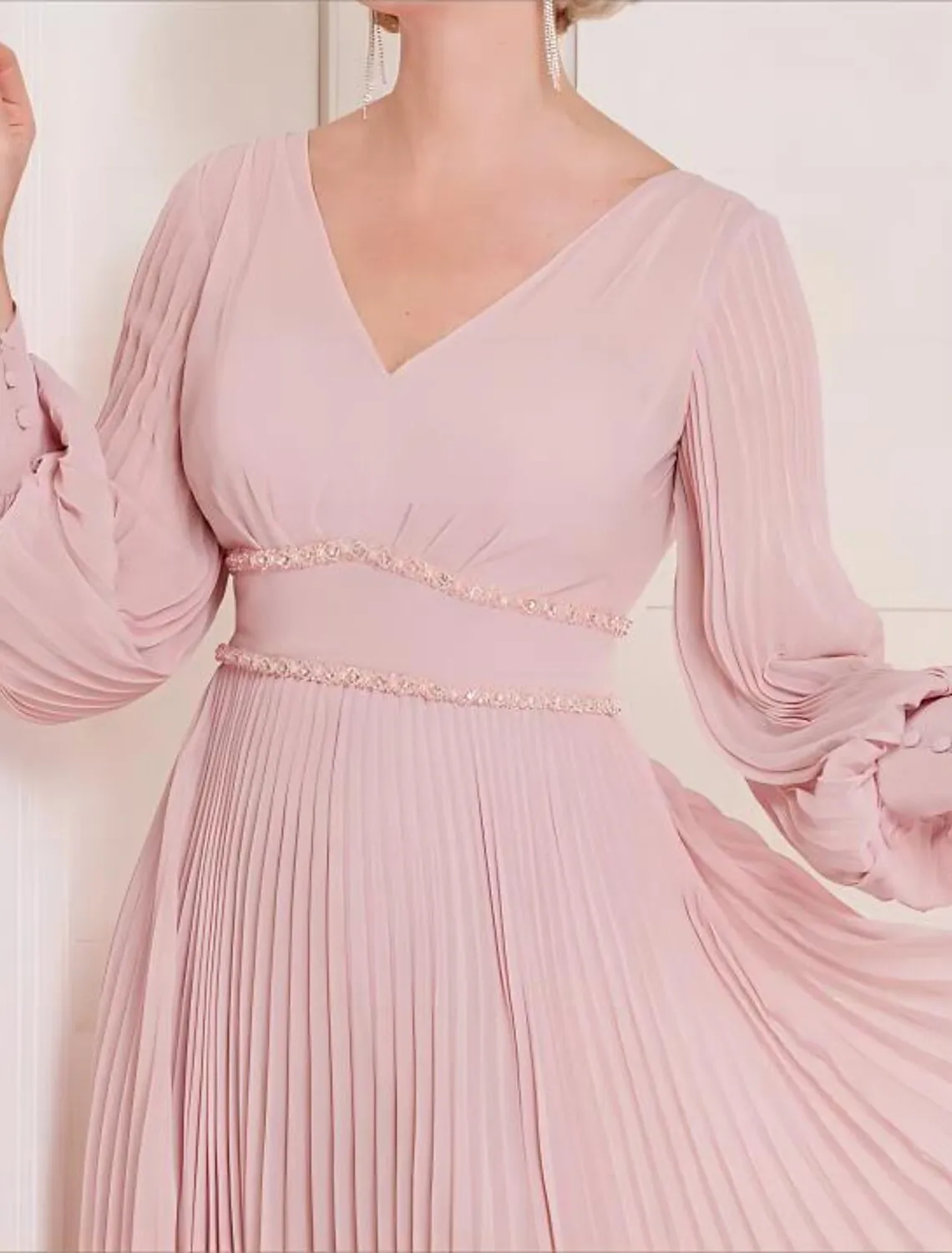 A-Line Mother of the Bride Dress Formal Wedding Guest Elegant Scoop Neck V Neck Tea Length Chiffon Long Sleeve with Crystals Ruching Solid Color