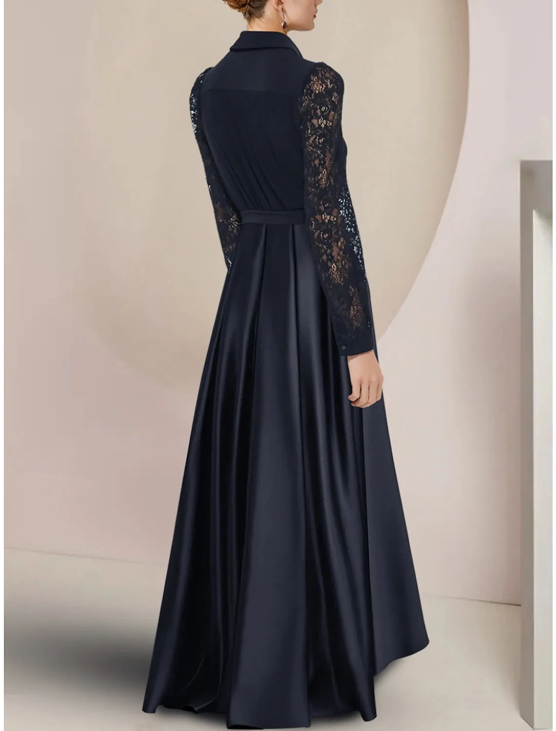 A-Line Mother of the Bride Dress Wedding Guest Party Elegant Shirt Collar Asymmetrical Floor Length Satin Long Sleeve with Lace Bow(s) Ruching