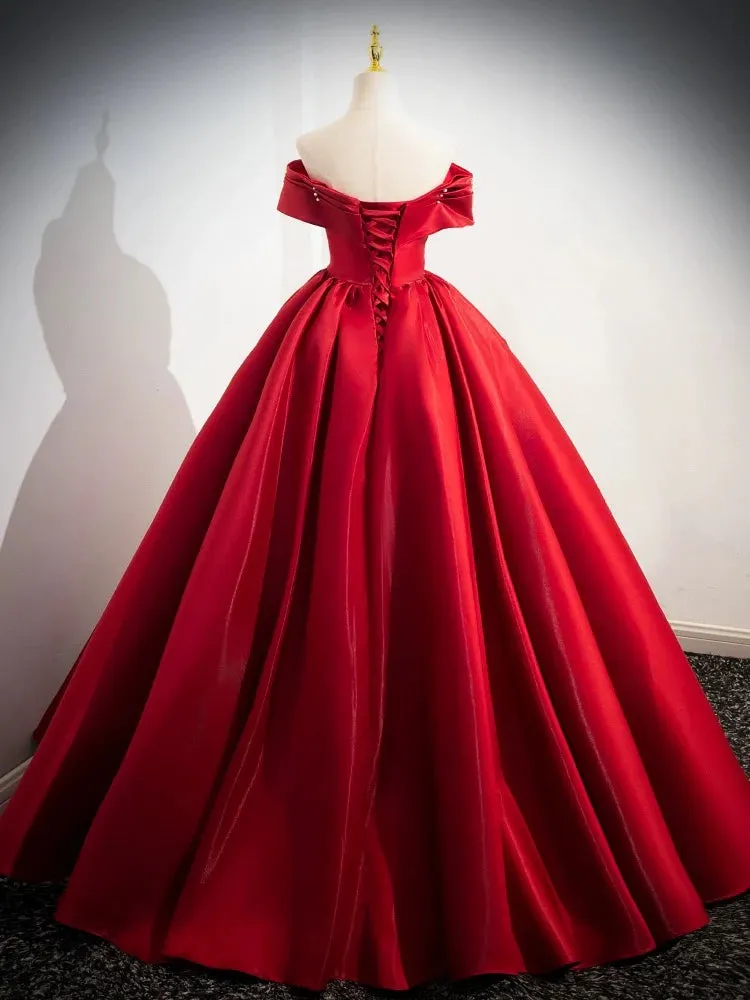 A-Line Off Shoulder Satin Red Ballgown Long Prom Dress Evening Dress