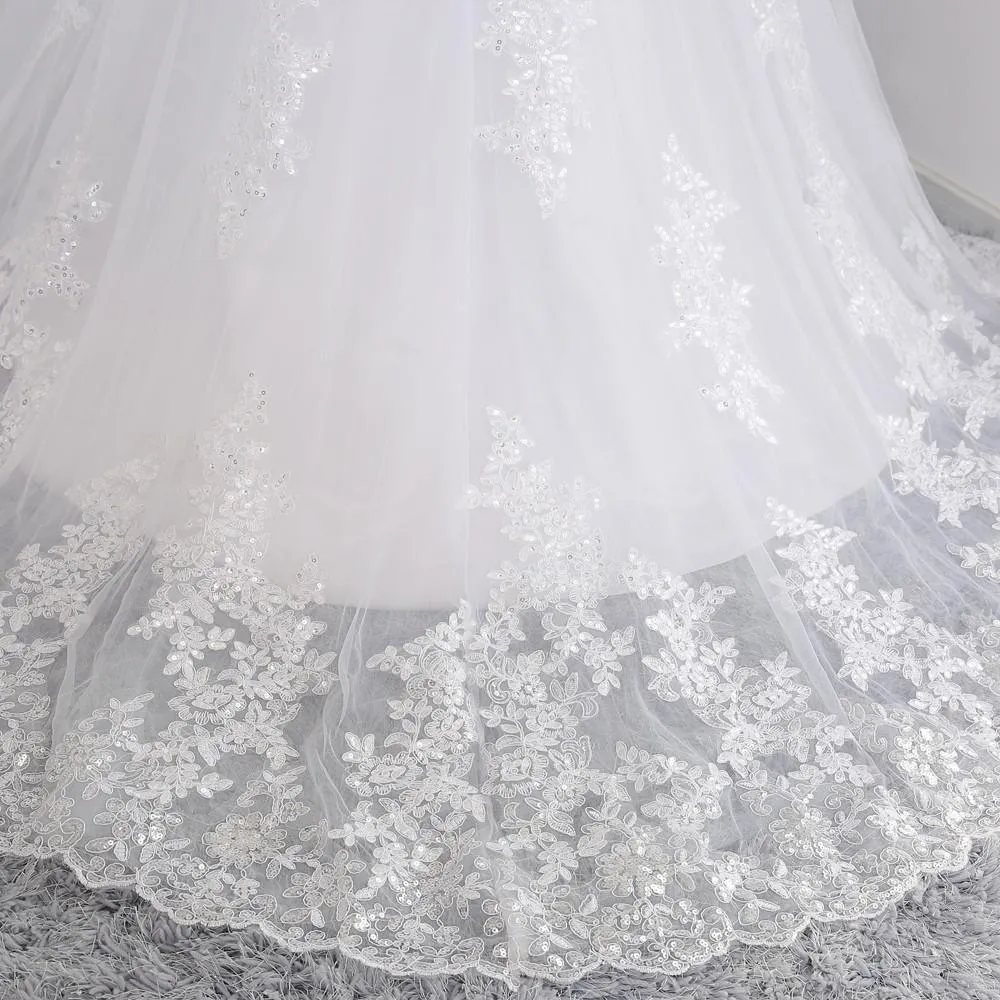 A-line Off-Shoulder Sweep Train Tulle Lace White Wedding Dresses With Sequins ASD26966