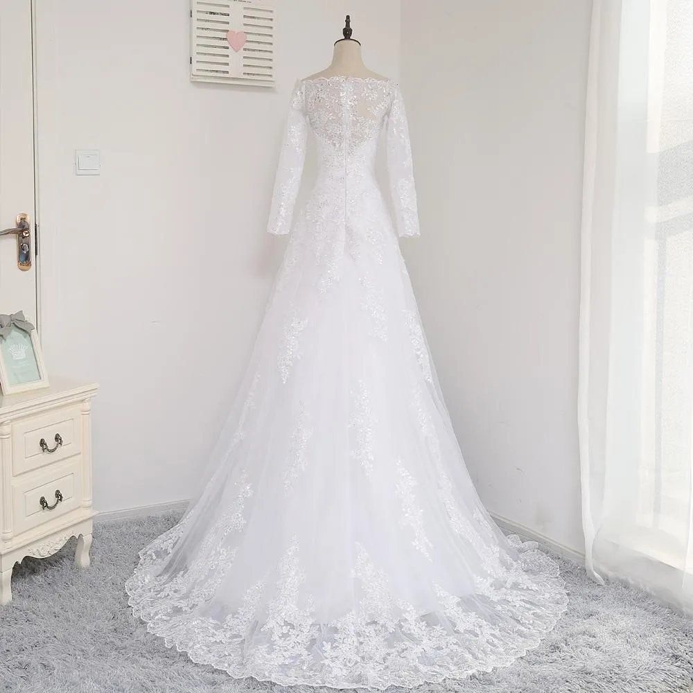 A-line Off-Shoulder Sweep Train Tulle Lace White Wedding Dresses With Sequins ASD26966