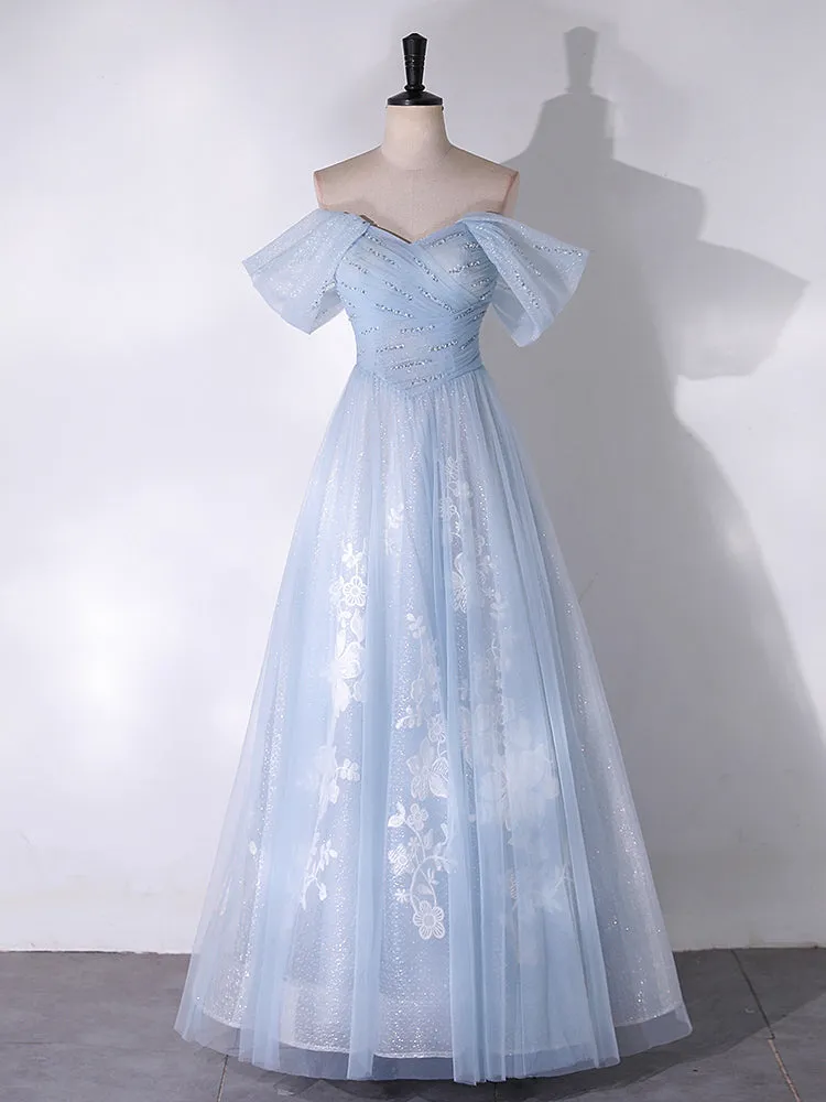 A-Line Off Shoulder Tulle Lace Blue Long Prom Dress, Blue Long Formal Dress