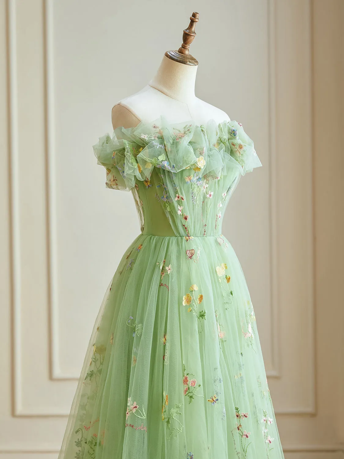 A-Line Off Shoulder Tulle Lace Green Long Prom Dress, Green Lace Long Formal Dress