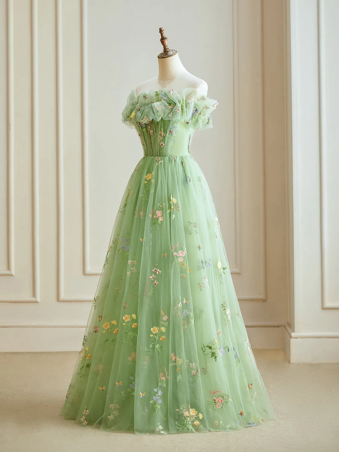 A-Line Off Shoulder Tulle Lace Green Long Prom Dress, Green Lace Long Formal Dress