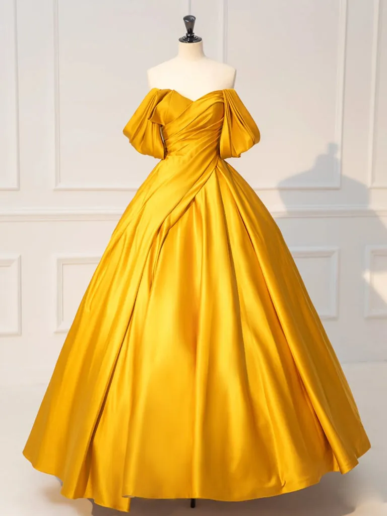 A-Line Off Shoulder Yellow Long Prom Dress, Yellow Satin Long Evening Dress