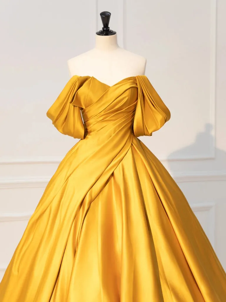 A-Line Off Shoulder Yellow Long Prom Dress, Yellow Satin Long Evening Dress