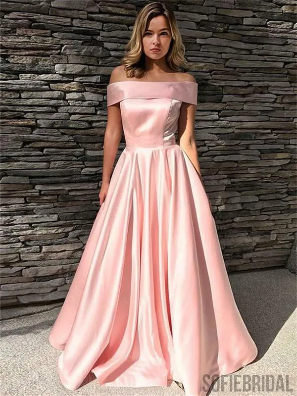 A-line Off-shoulder Zipper Back Simple Cheap Long Pink Prom Dresses, PD0101