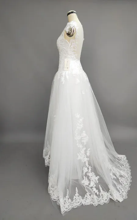 A-line Princess Scoop Applique Chapel Train Lace Wedding Dress-709107