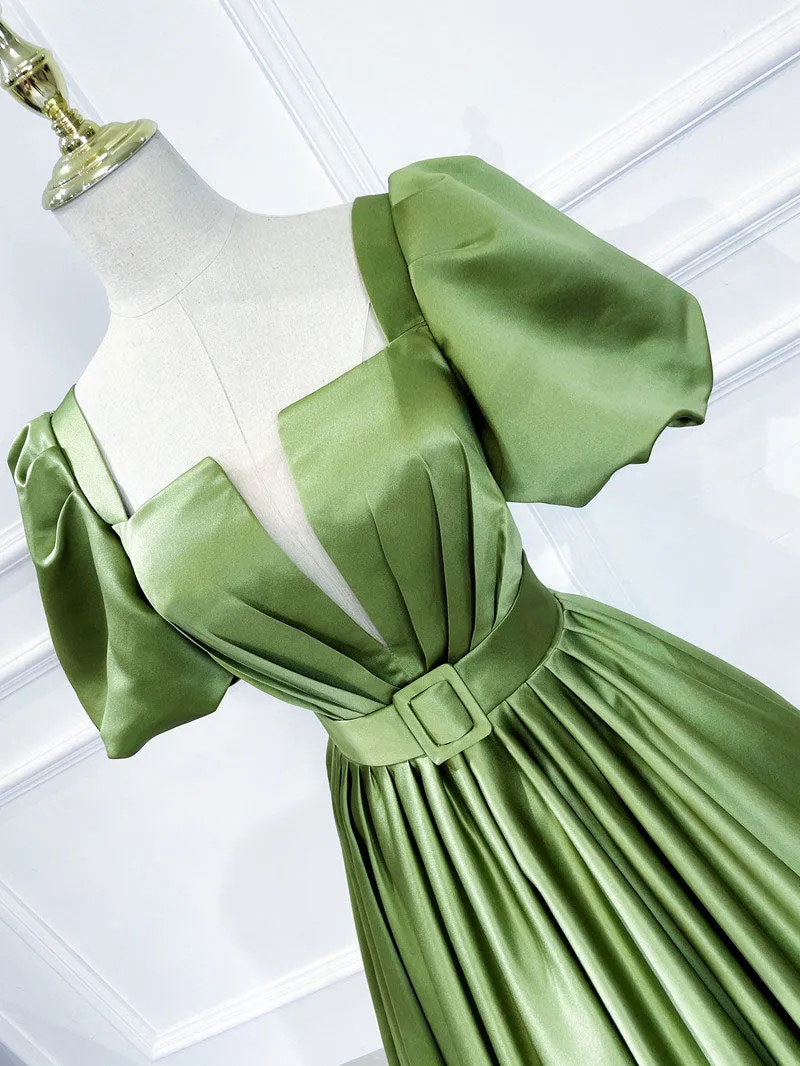 A line Satin Long Green Prom Dresses, Green Formal Evening Graduation Dresses