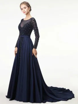 A-line Scoop-Neck Sweep Train Chiffon Long Prom Dresses With Beading HX0080